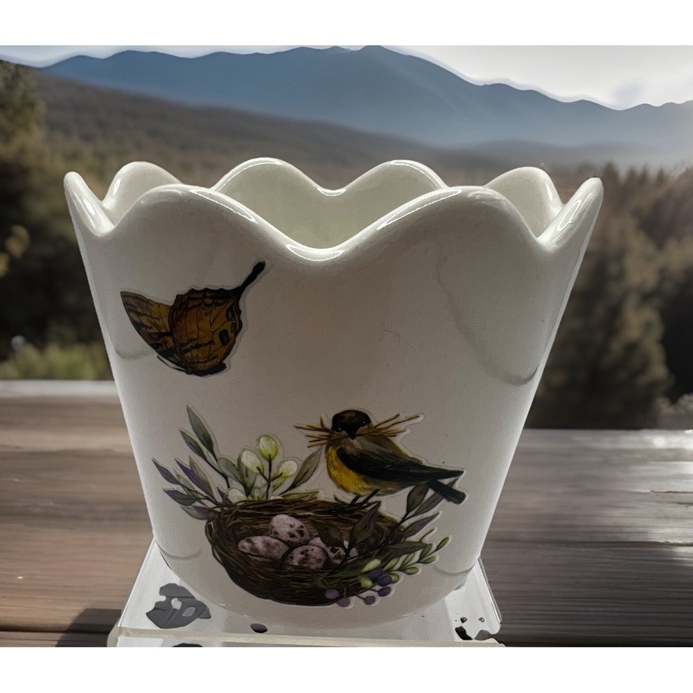 Vtg Hand Painted Bird Nest Butterfly Vase Planter Scalloped 3.5x4"